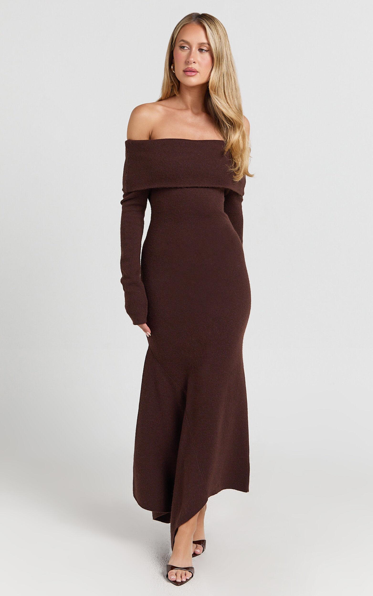 Karina Midi Dress - Long Sleeve Folded Off Shoulder Asymmetric Dress in Chocolate Product Image