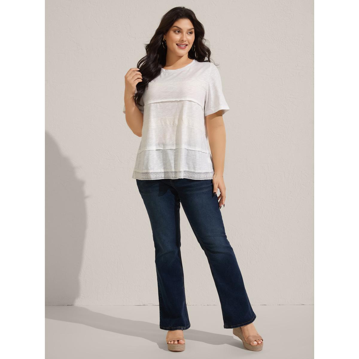 Plus Size Cotton Lace Trim Sheer Solid T-Shirt Originalwhite Women Boho Tucked seam Round Neck Vacation T-shirts BloomChic 22-24/3X Product Image