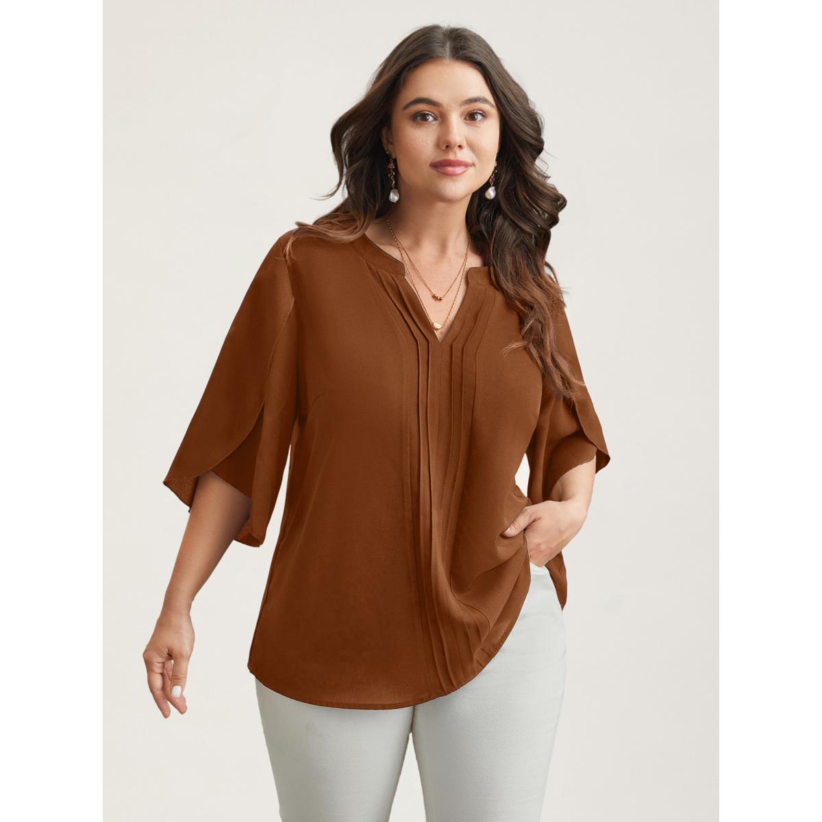 Plus Size Browncoffeecolor Petal Sleeve Toothpick Pleats Shirt Women Office Elbow-length sleeve Notched collar Office Blouses BloomChic 12/L Product Image