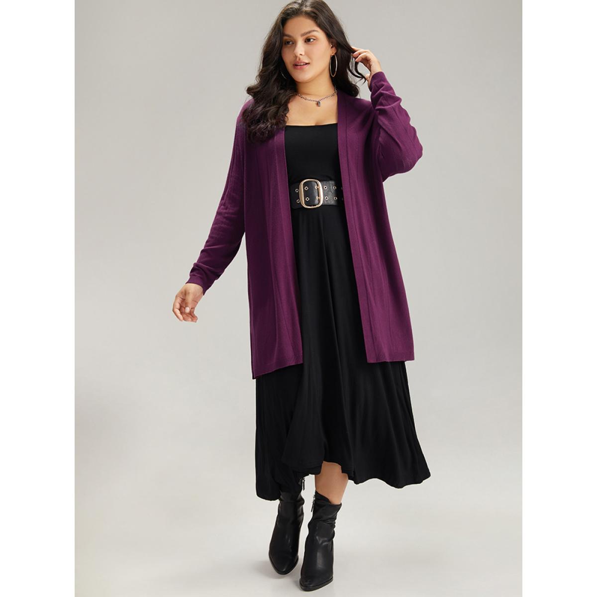 Plus Size Supersoft Essentials Plain Hollow Out Open Front Cardigan Purple Women Basics Loose Long Sleeve Everyday Cardigans BloomChic 18-20/2X Product Image