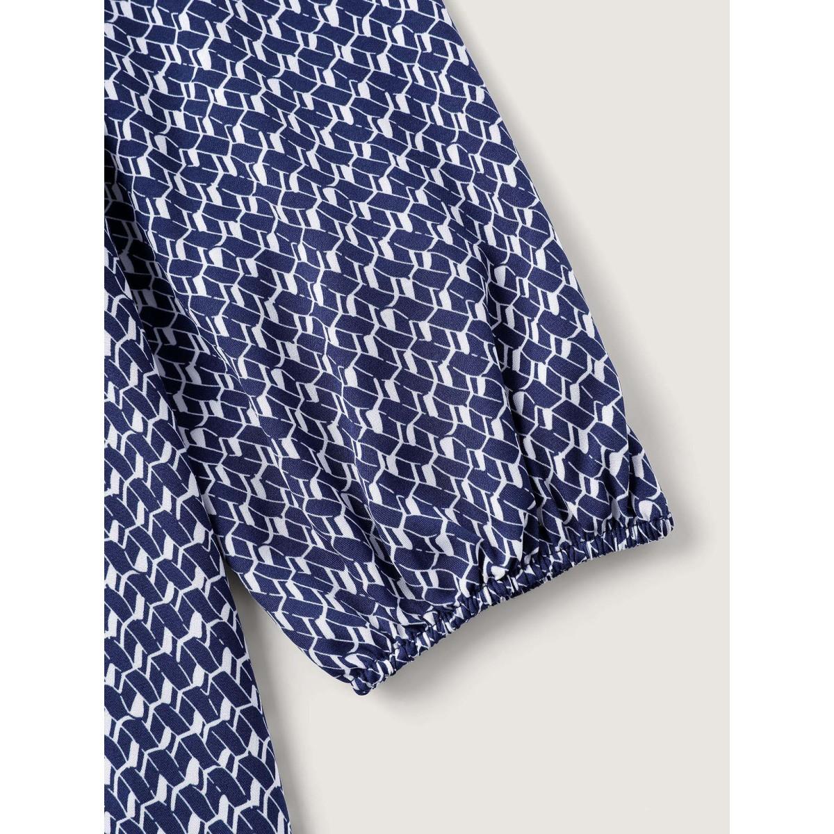 Plus Size Micro Geometric Print Waist-Tie Maxi Dress Navy Women Office Notched collar Long Sleeve Curvy BloomChic 30/6X Product Image