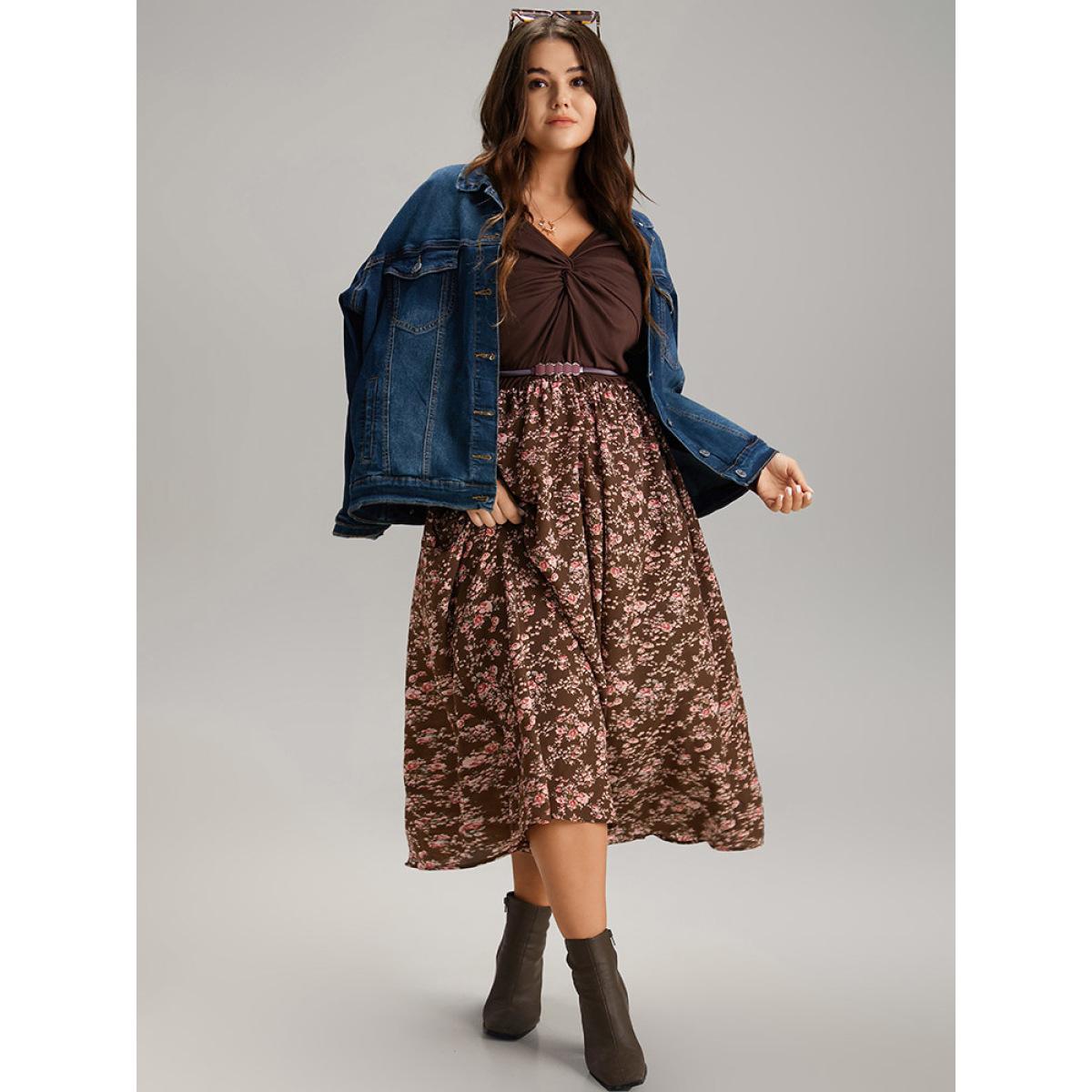 Plus Size Twist Front Ditsy Floral Patchwork Dress DarkBrown Women Elegant Elastic cuffs V-neck Long Sleeve Curvy Midi Dress BloomChic 30/6X Product Image