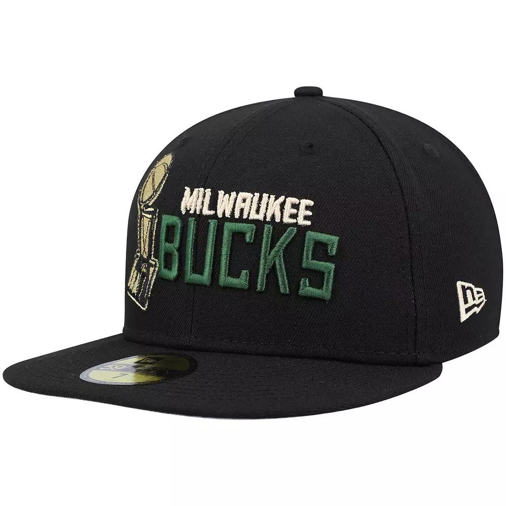 Men's New Era Black Milwaukee Bucks Champs Trophy 59FIFTY Fitted Hat, Size: 7 1/4 Product Image