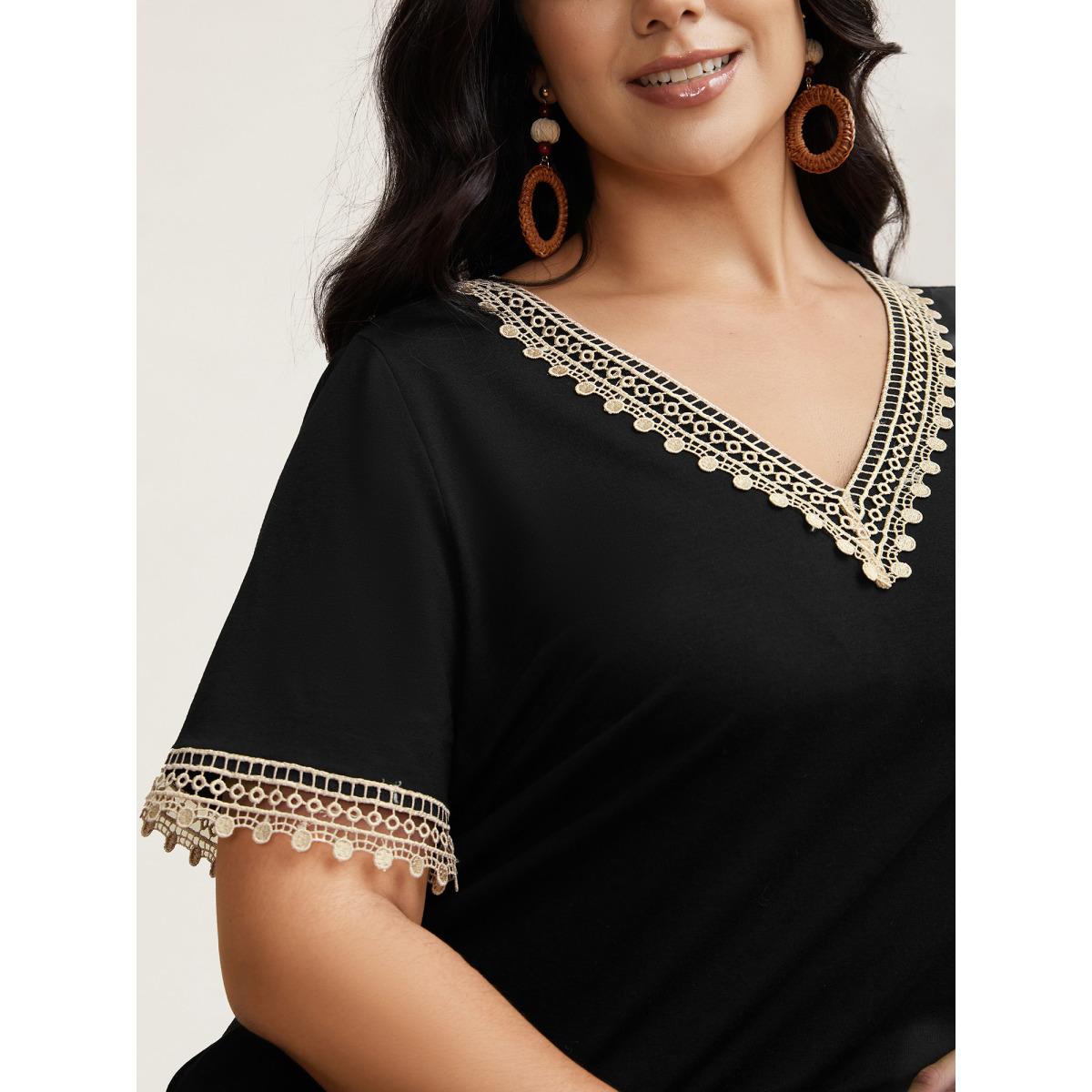 Plus Size Super Soft V-Neck Lace Midi Dress Black Women Boho Woven ribbon&lace trim Knit Dresses Bloomchic 18-20/2X Product Image