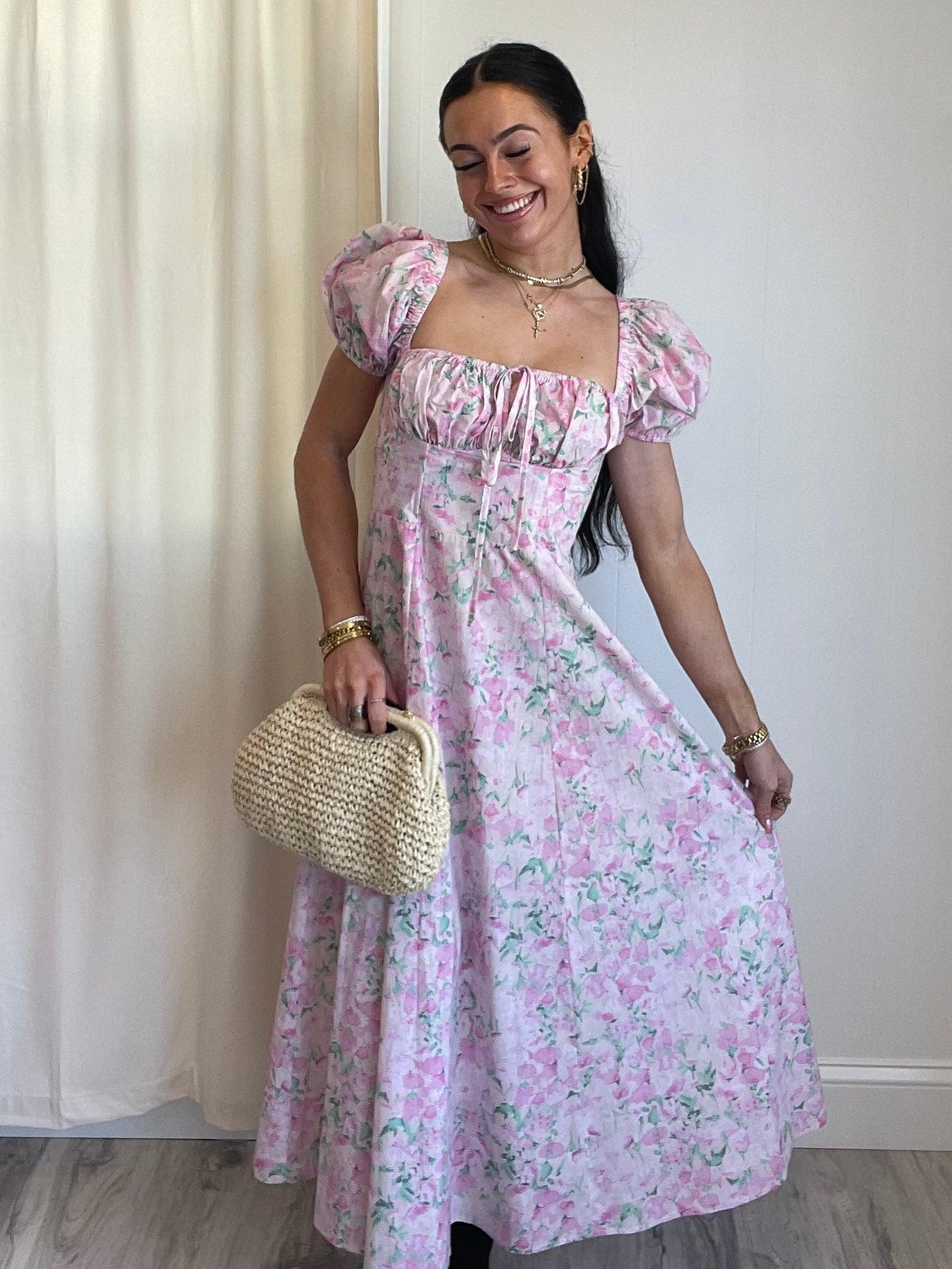 FINAL SALE Gigi Floral Puff Sleeve Midi Dress | Pink Product Image