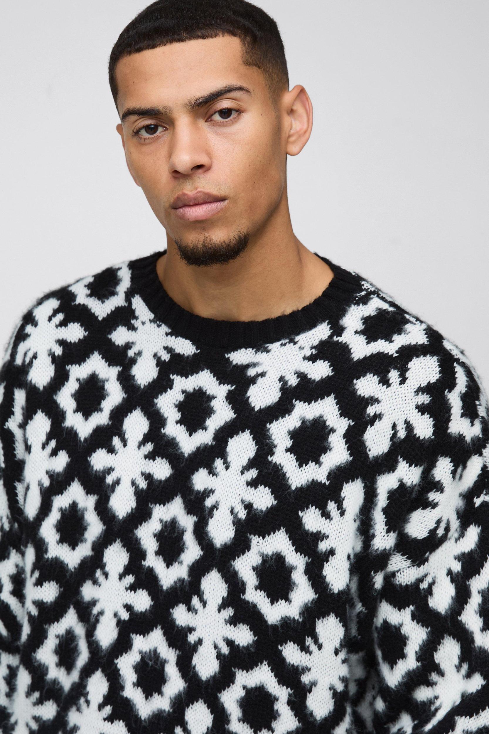 Oversized Dropped Shoulder Jacquard Brushed Knit Sweater | boohooMAN USA Product Image