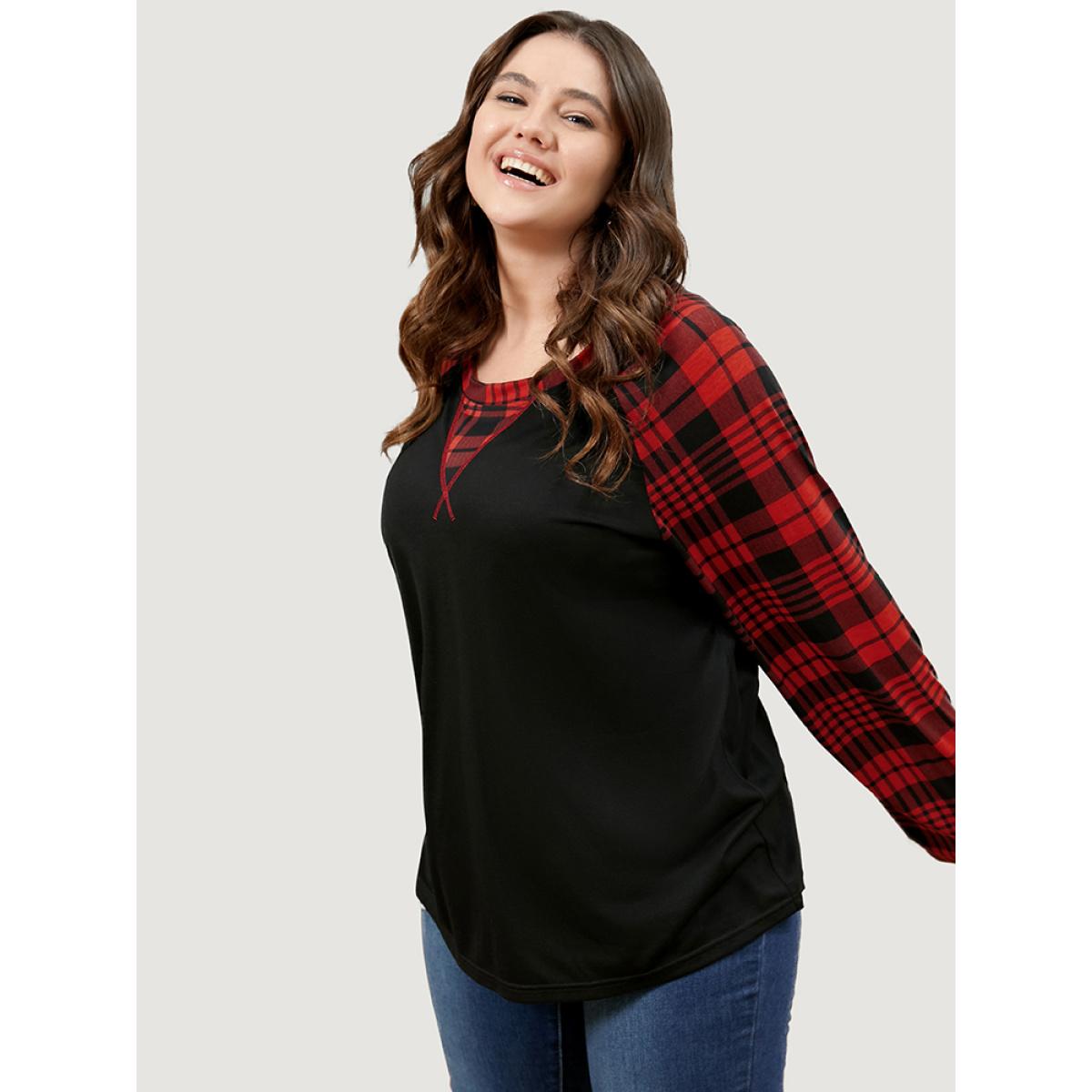 Plus Size Plaid Patchwork Bell Sleeve Long Tee Black Women Casual Contrast Plaid Round Neck Dailywear T-shirts BloomChic 26/4X Product Image