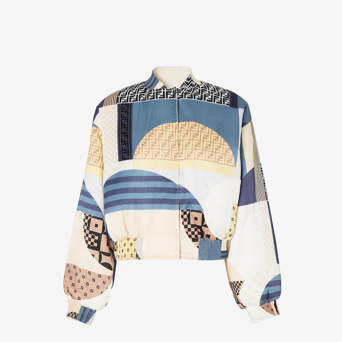 JacketBlue silk reversible bomber jacket with patchwork print Product Image