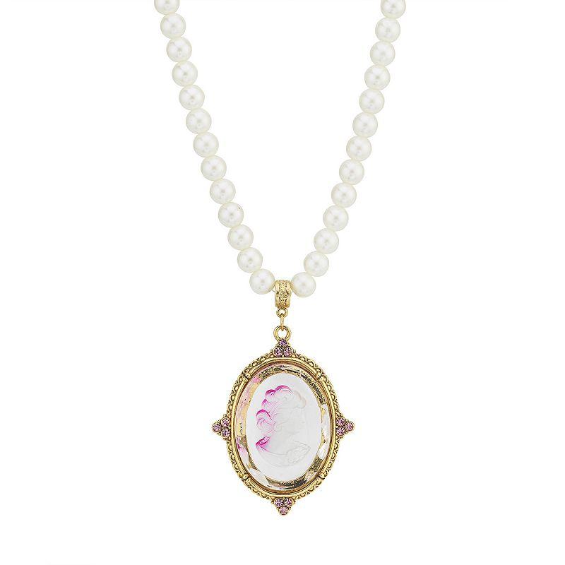 1928 Gold Tone Simulated Pearl & Pink Intaglio Cameo Pendant Necklace, Womens Product Image