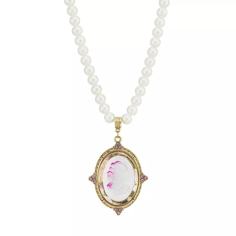 1928 Gold Tone Simulated Pearl & Pink Intaglio Cameo Pendant Necklace, Womens Product Image