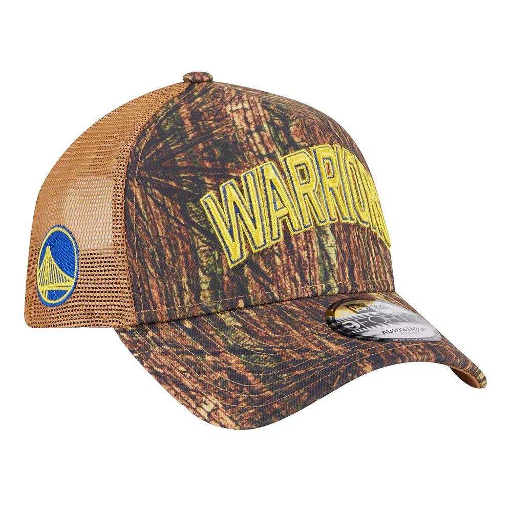 Men's New Era  Camo Golden State Warriors Victory Grove Forest A-Frame Trucker 9FORTY Adjustable Hat, Green Product Image