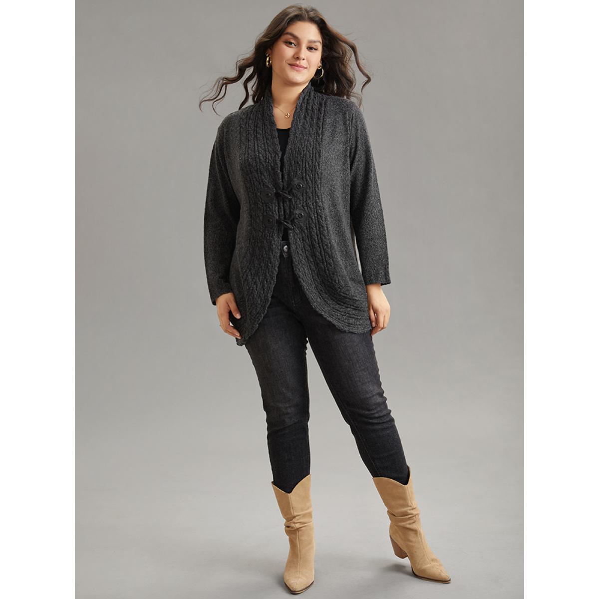 Plus Size Textured Curved Hem Duffle Button Cardigan DimGray Women Casual Loose Long Sleeve Dailywear Cardigans BloomChic 26/4X Product Image