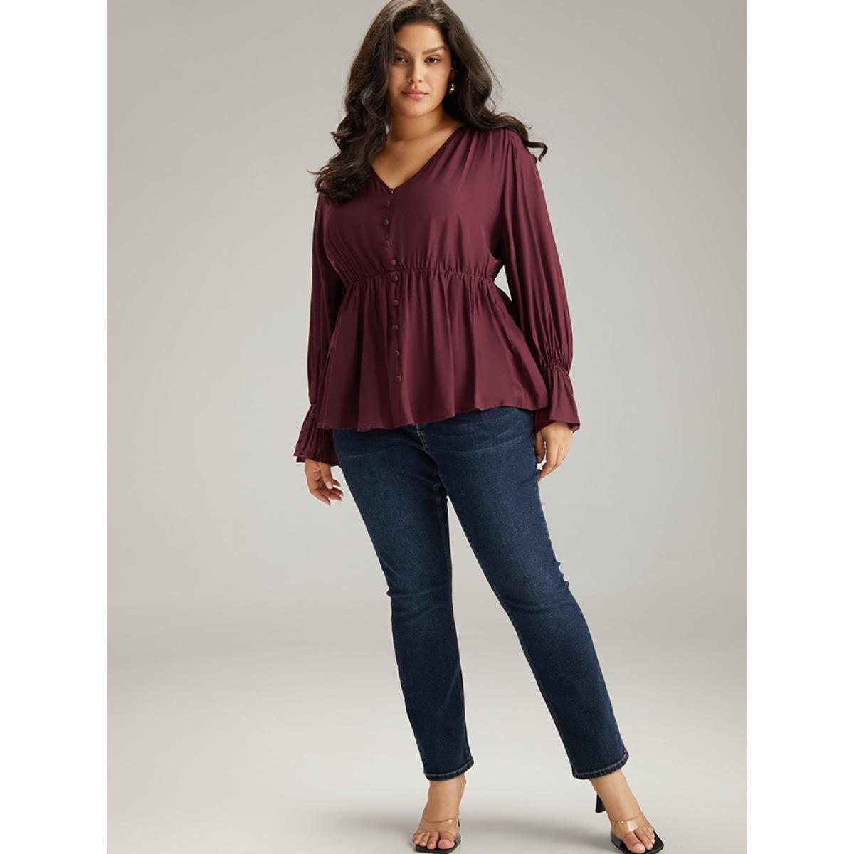 Plus Size Burgundy Button Detail Ruffle Trim Blouse Women Elegant Long Sleeve V-neck Dailywear Blouses BloomChic 18-20/2X Product Image