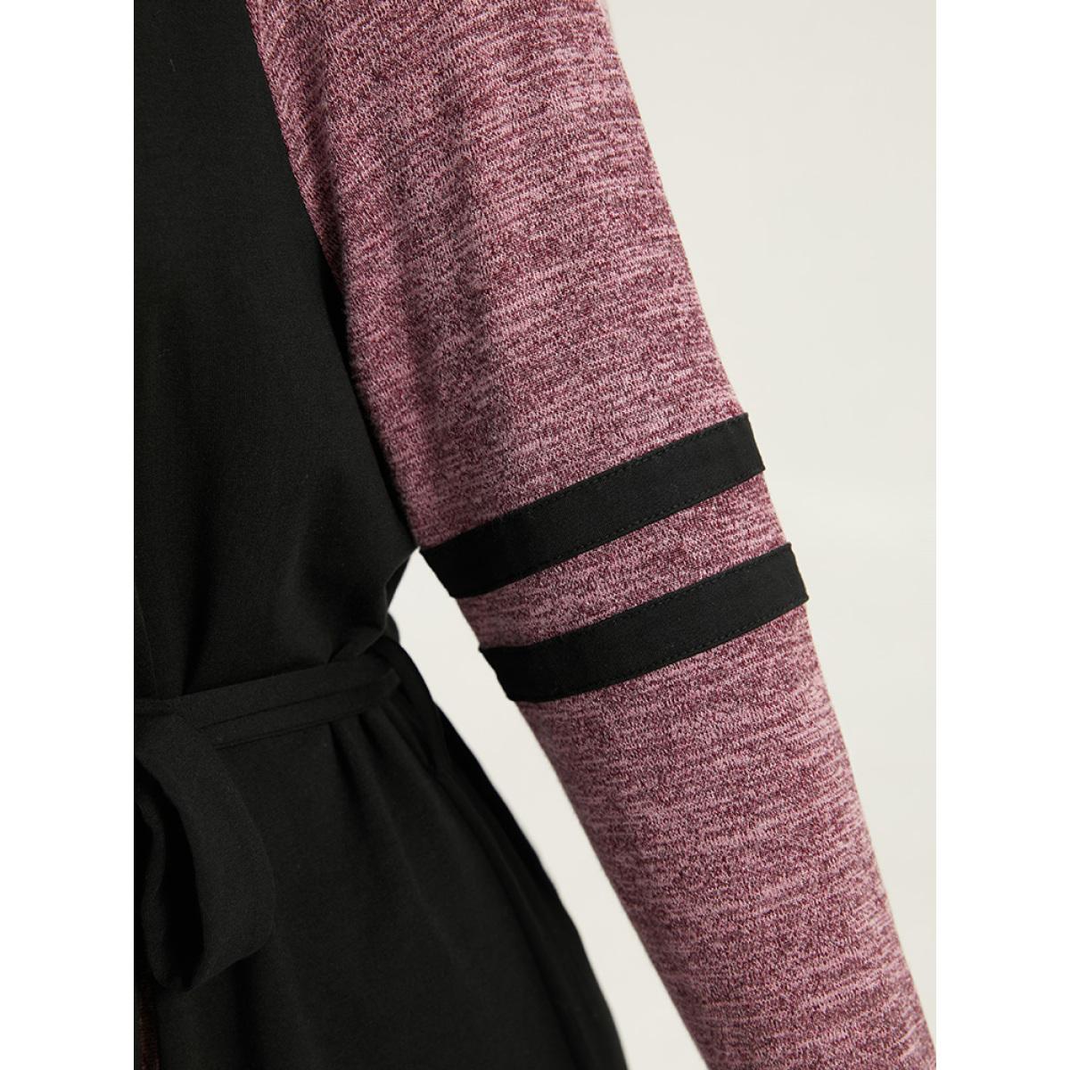 Plus Size Stitch Pocket Striped Patchwork Raglan Sleeve Belted Dress Black Women Casual Belted Round Neck Long Sleeve Curvy Midi Dress BloomChic 14-16/1X Product Image