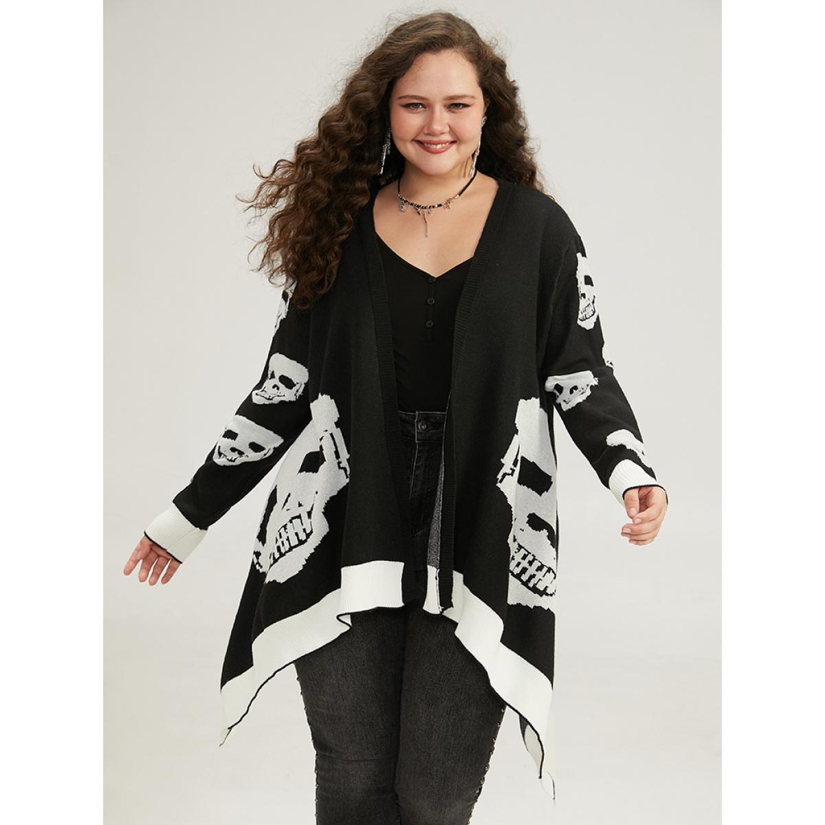 Plus Size Supersoft Essentials Halloween Skull Asymmetrical Hem Cardigan Black Women Casual Loose Long Sleeve Festival-Halloween Cardigans BloomChic 14-16/1X Product Image