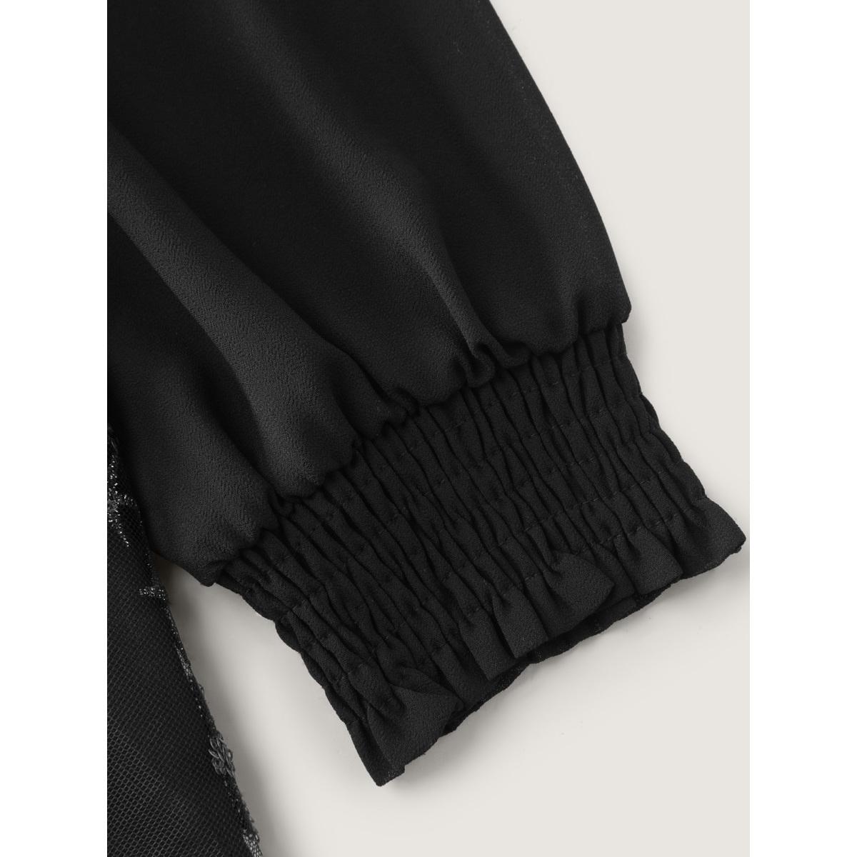 Plus Size Black Shimmery Sequin Shirred Cuff Blouse Women Party&Cocktail Extra Long Sleeve Flat collar with V-notch Party Blouses BloomChic 28/5X Product Image