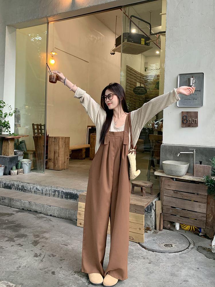Long-Sleeve Round Neck Plain T-Shirt / Wide Leg Jumpsuit Product Image