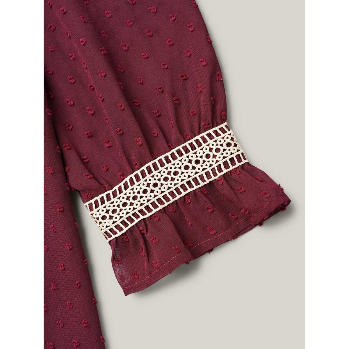 Plus Size Burgundy Contrast Webbing Cut-Out Stretchy-Waist Blouse Women Elegant Extra Long Sleeve V-neck Everyday Blouses BloomChic 18-20/2X Product Image