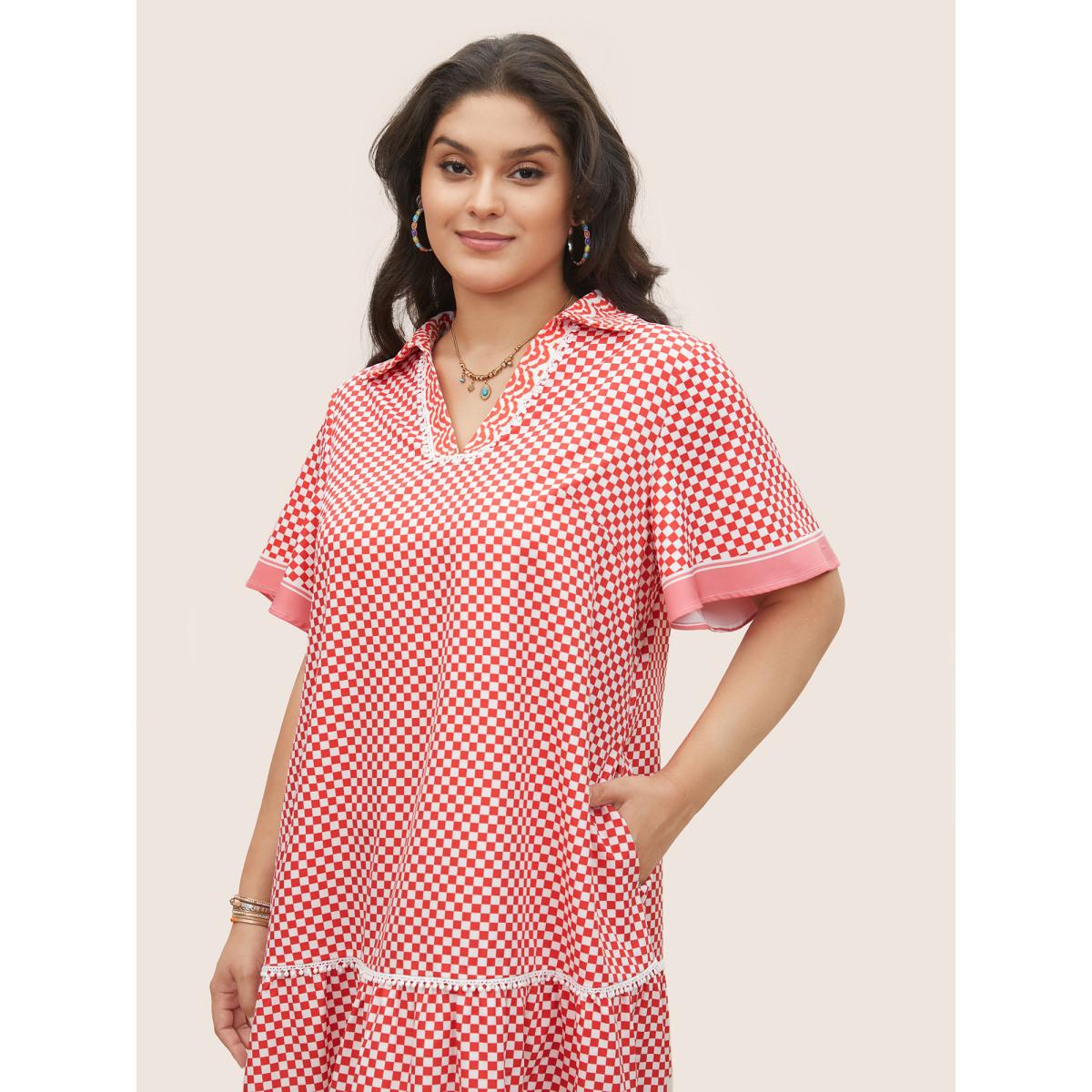 Plus Size Gingham Patchwork Lapel Collar Ruffle Sleeve Dress Raspberry Women Resort Non Lapel Collar Short sleeve Curvy Midi Dress BloomChic 28/5X Product Image