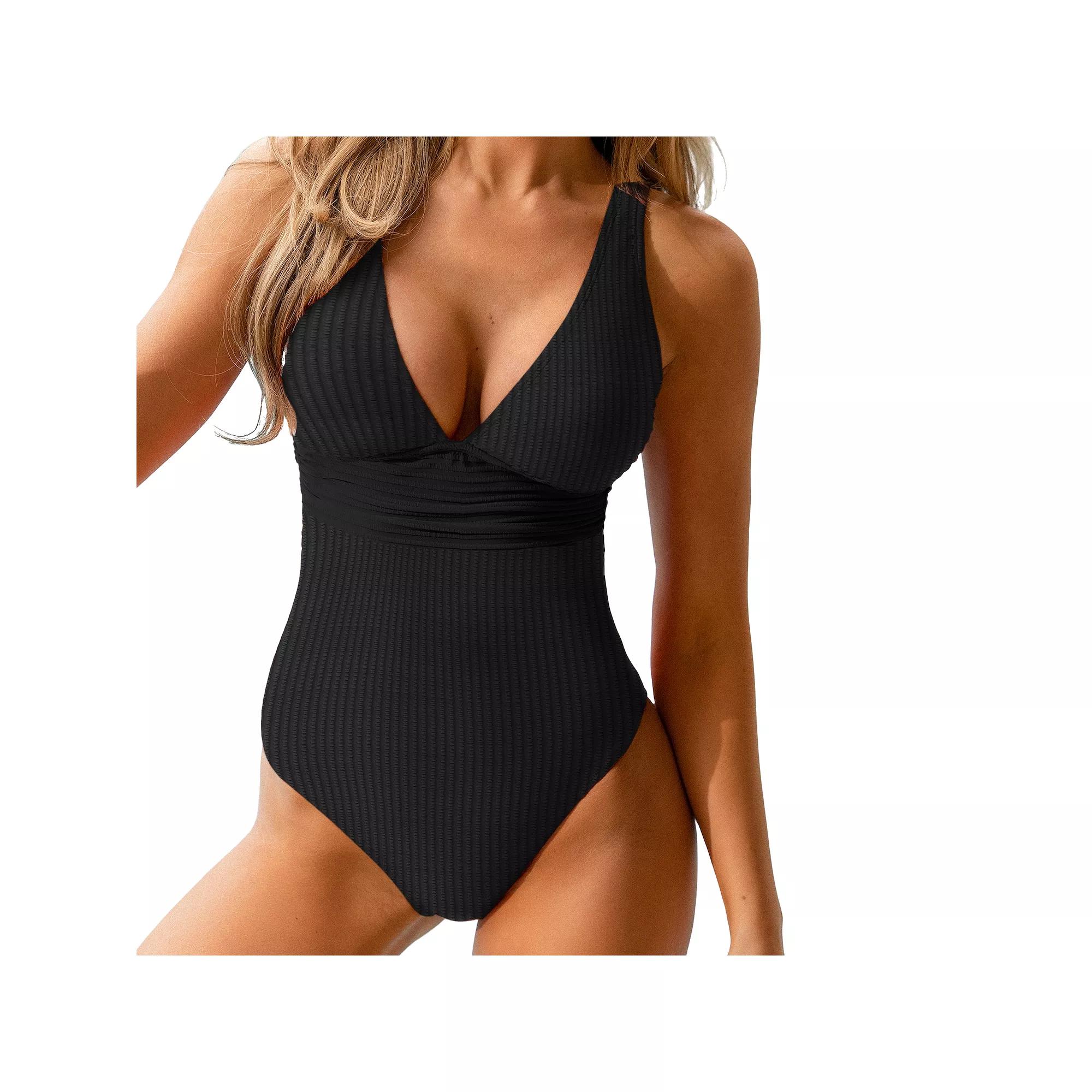 Women's Cupshe Black Ribbed & Ruched One Piece Swimsuit, Size: XL Product Image