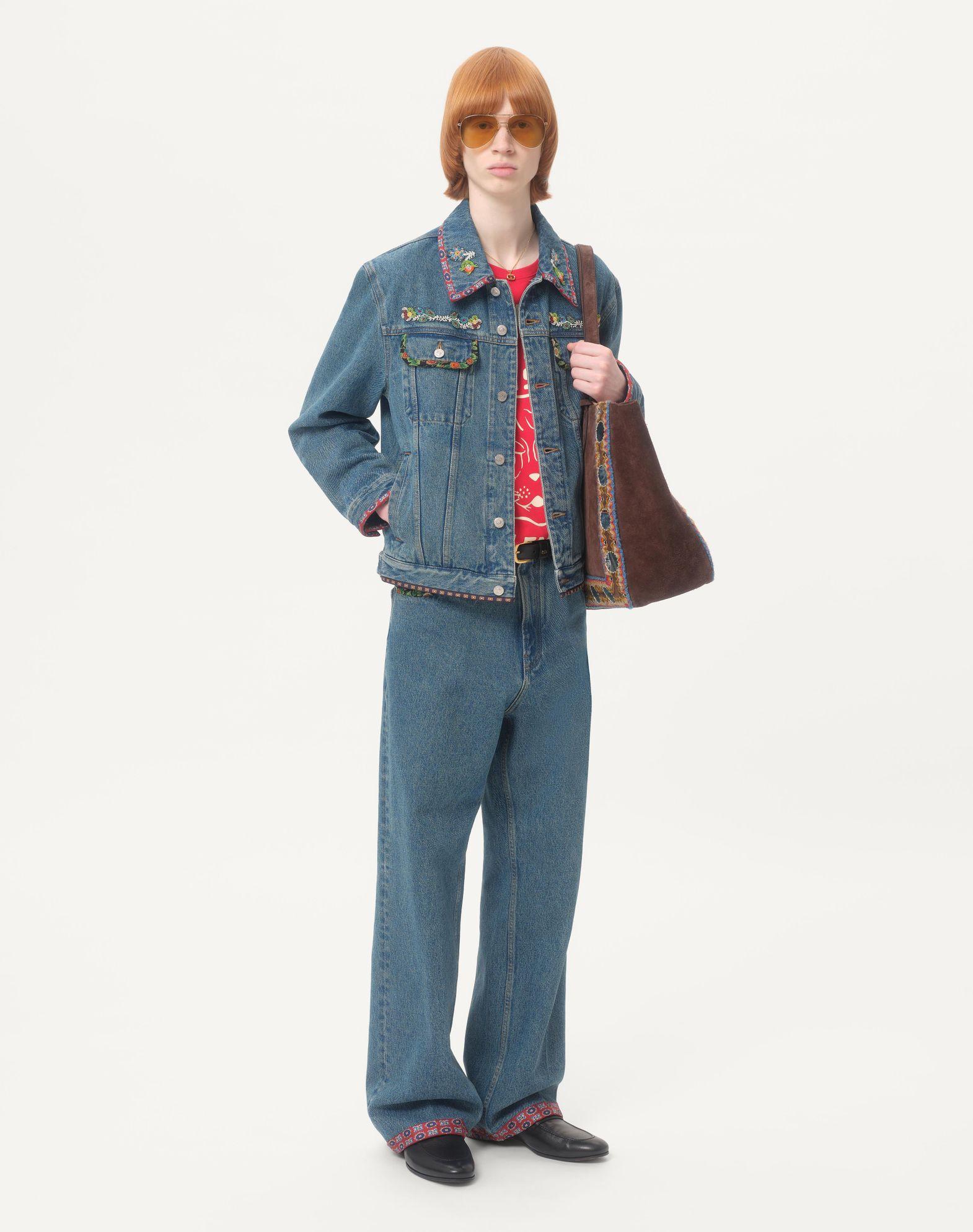 Denim Jacket With Beaded Embroidery And Printed Edges Product Image