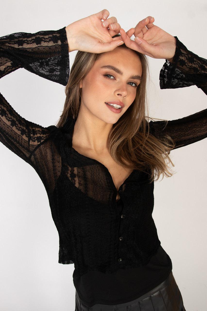 Black Lace Button Up Shirt With Cami Product Image