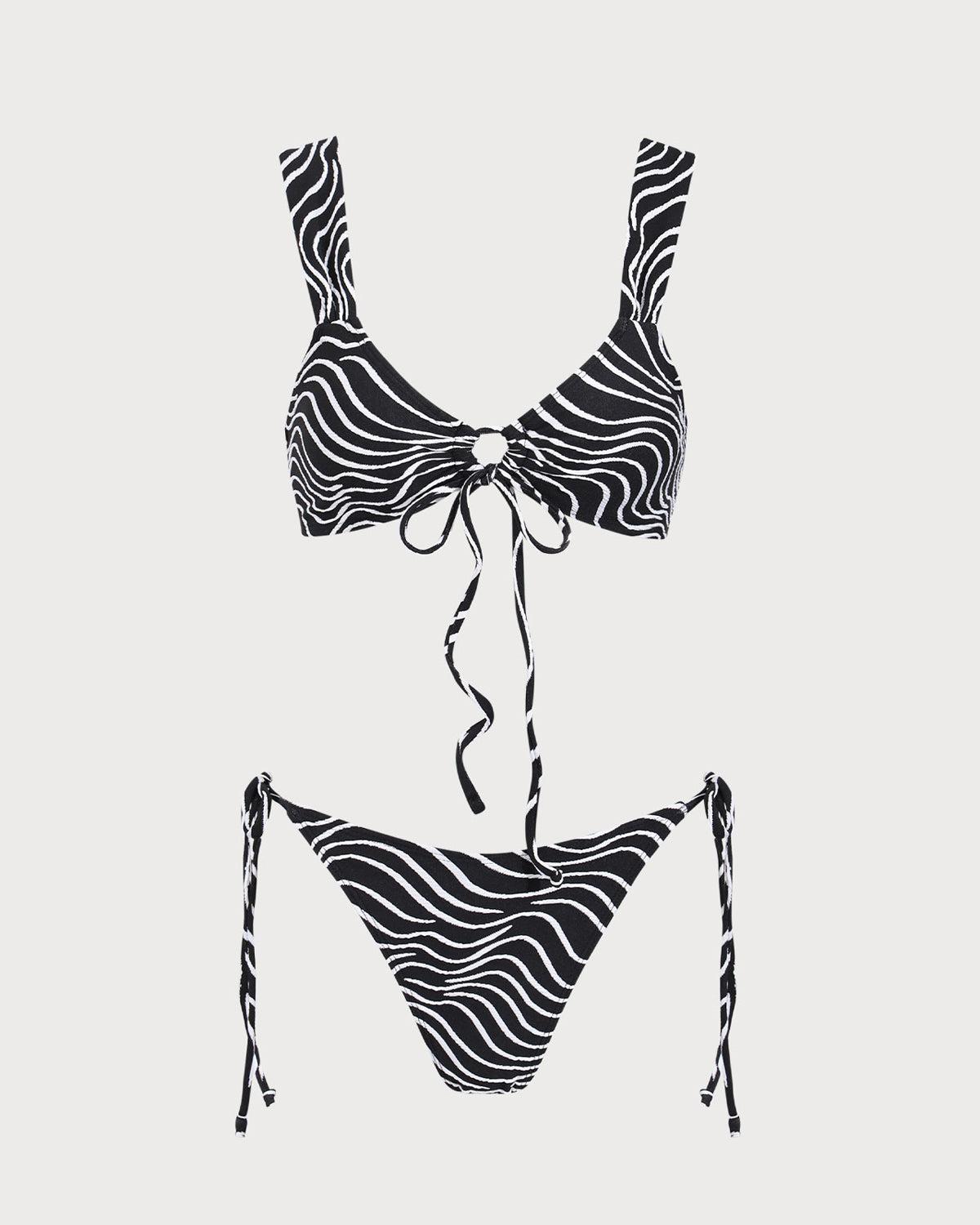 Black Knitted Zebra Print Two-Tone Bikini Set Product Image