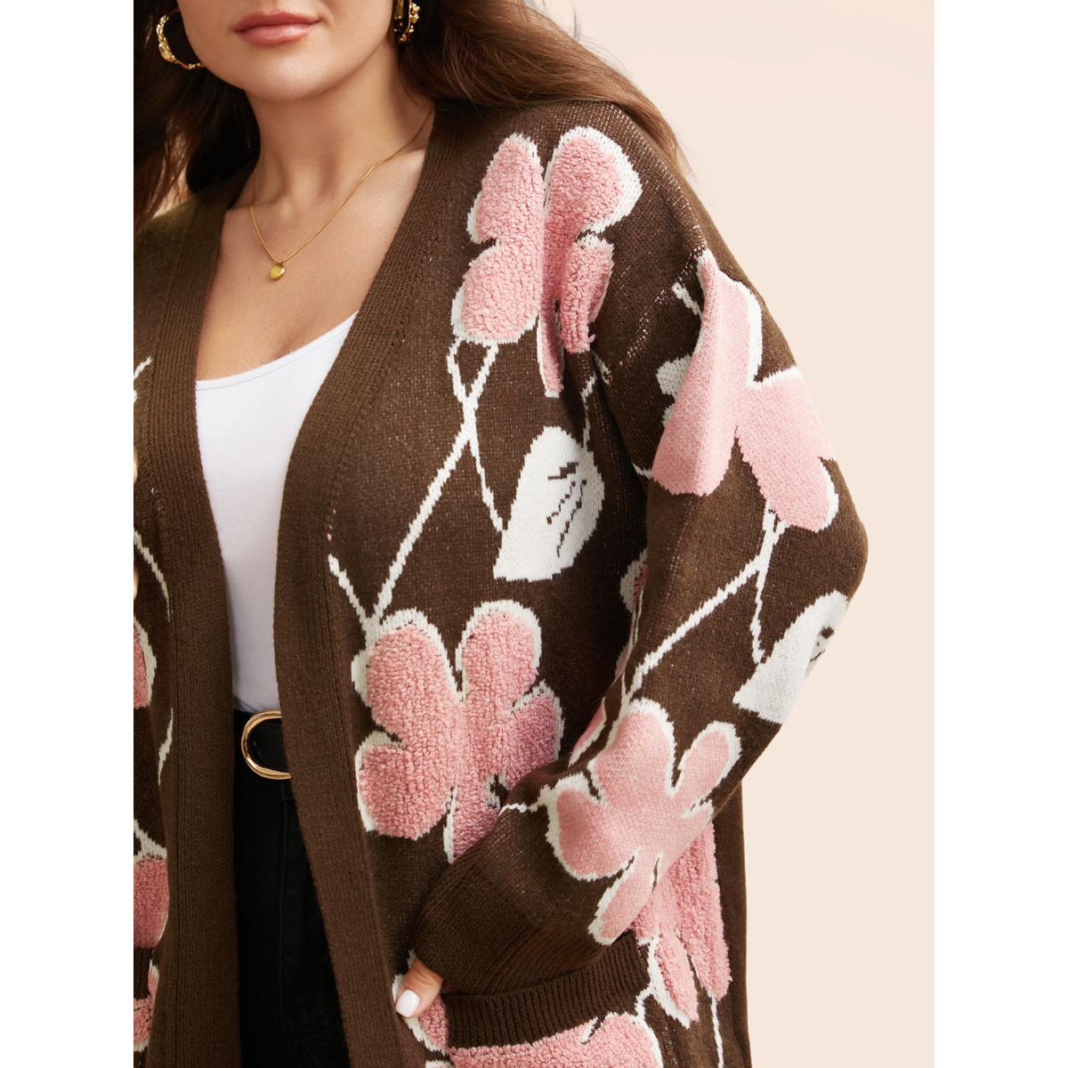 Plus Size Floral Jacquard Open Front Pocket Cardigan Browncoffeecolor Women Playful Loose Long Sleeve Casual Cardigans BloomChic 18-20/2X Product Image