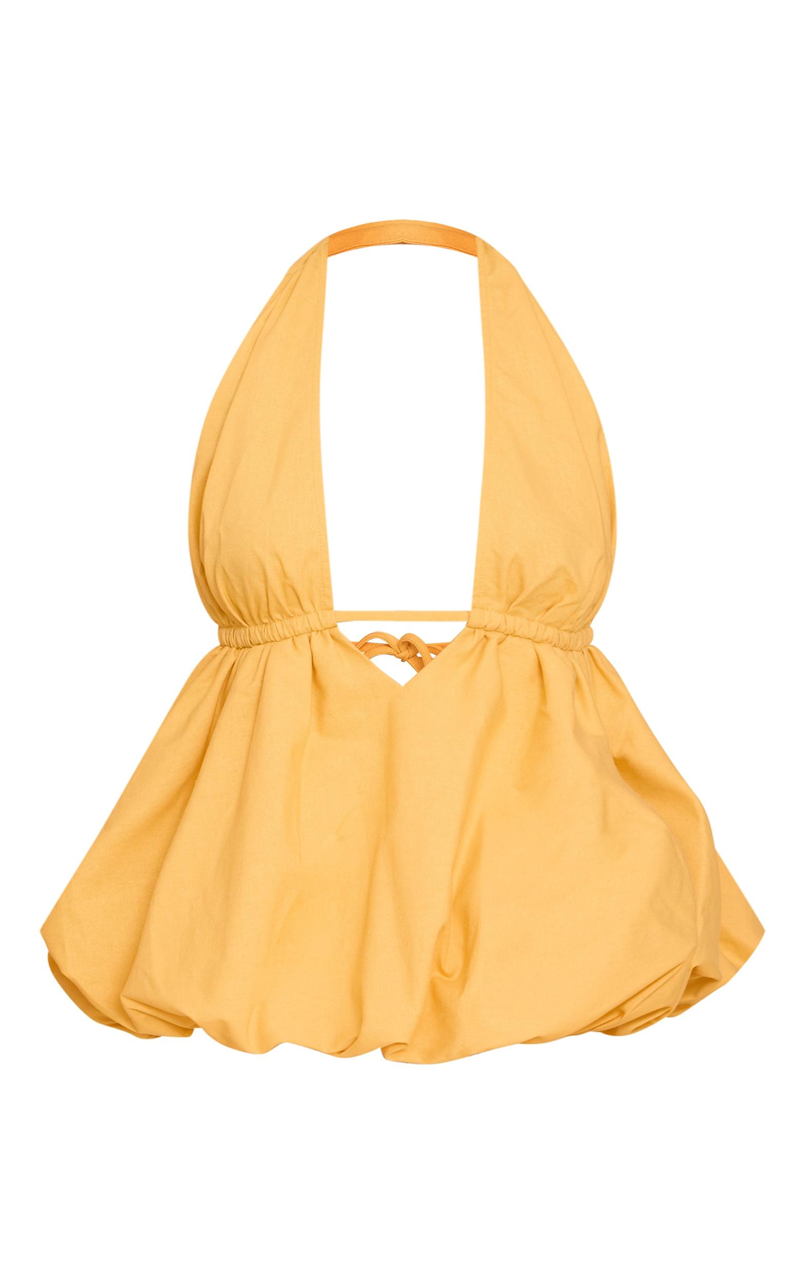 Yellow Woven Plunge Halter Neck Puffball Top Product Image