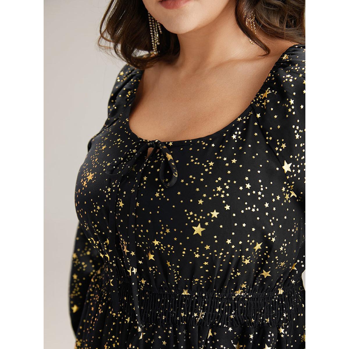Plus Size Glitter Star Knot Neck Pocket Lantern Sleeve Dress Black Women Party Elastic cuffs Tie Neck Long Sleeve Curvy Midi Dress BloomChic 14-16/1X Product Image