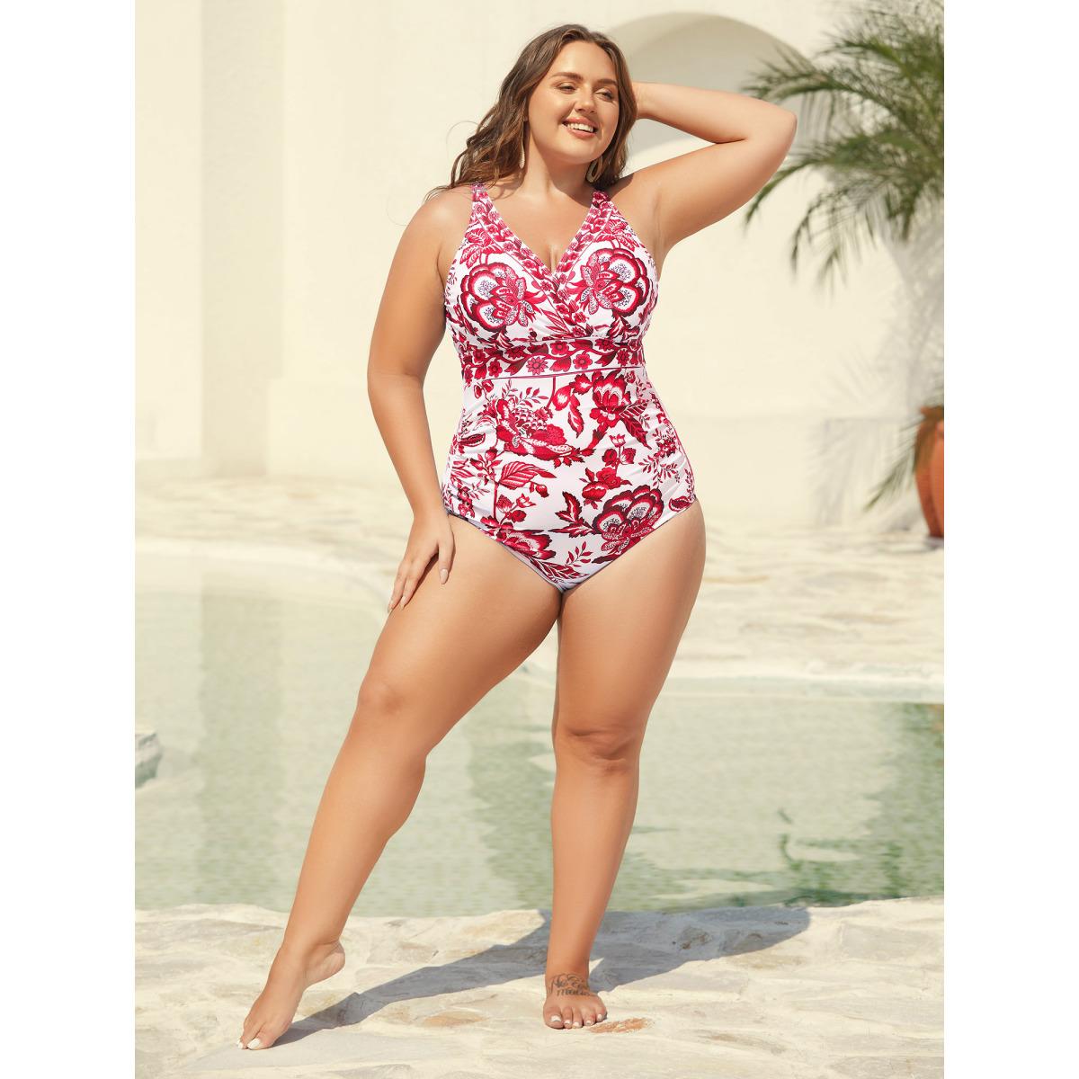 Plus Size Two-Piece Floral Print Ruched Mesh Swimsuit, Sarong Women's Swimwear Scarlet Resort Gathered Curve Bathing Suits High stretch One Pieces BloomChic 10/M Product Image