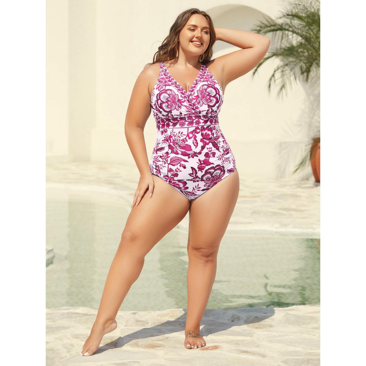 Plus Size Two-Piece Floral Print Ruched Mesh Swimsuit, Sarong Women's Swimwear Scarlet Resort Gathered Curve Bathing Suits High stretch One Pieces BloomChic 10/M Product Image