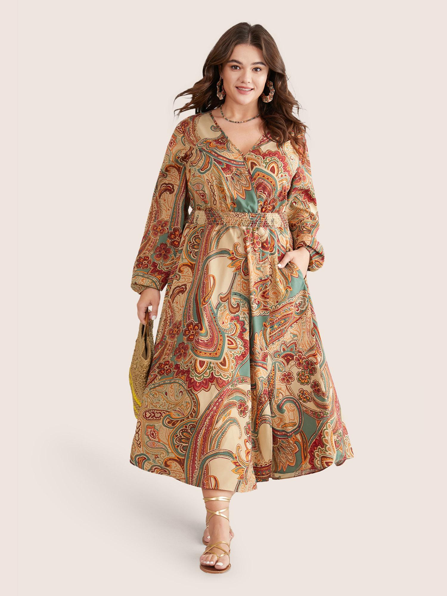 Plus Size Paisley Shirred Split Side Overlap Collar Dress Apricot Women Vacation Elastic cuffs Overlap Collar Long Sleeve Curvy Midi Dress BloomChic 14-16/1X Product Image
