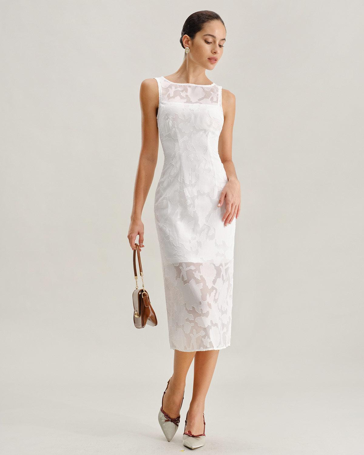 White Lace Boat Neck Midi Dress Product Image