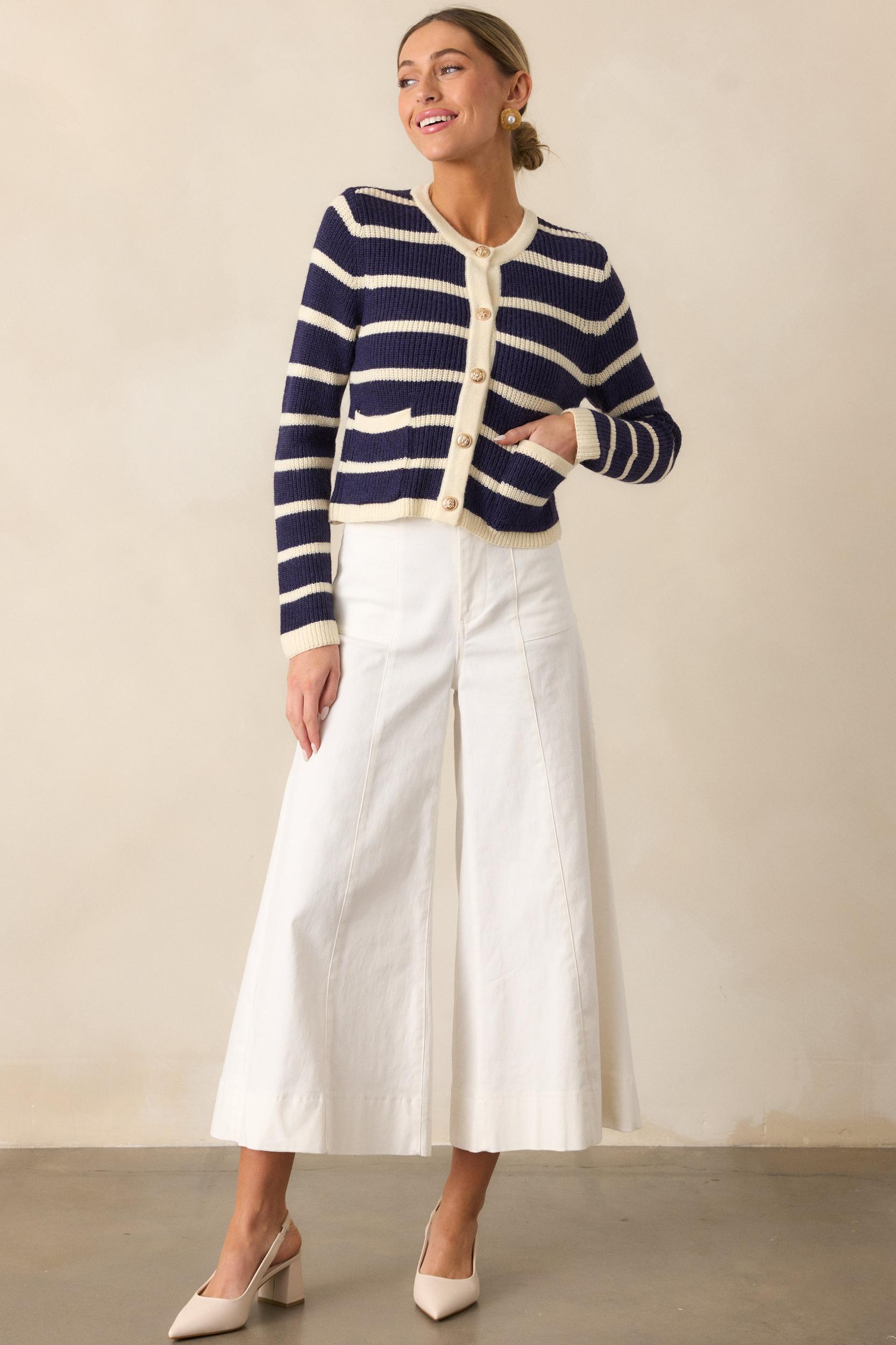 Let's Go Shopping Navy Stripe Button Front Cardigan Product Image