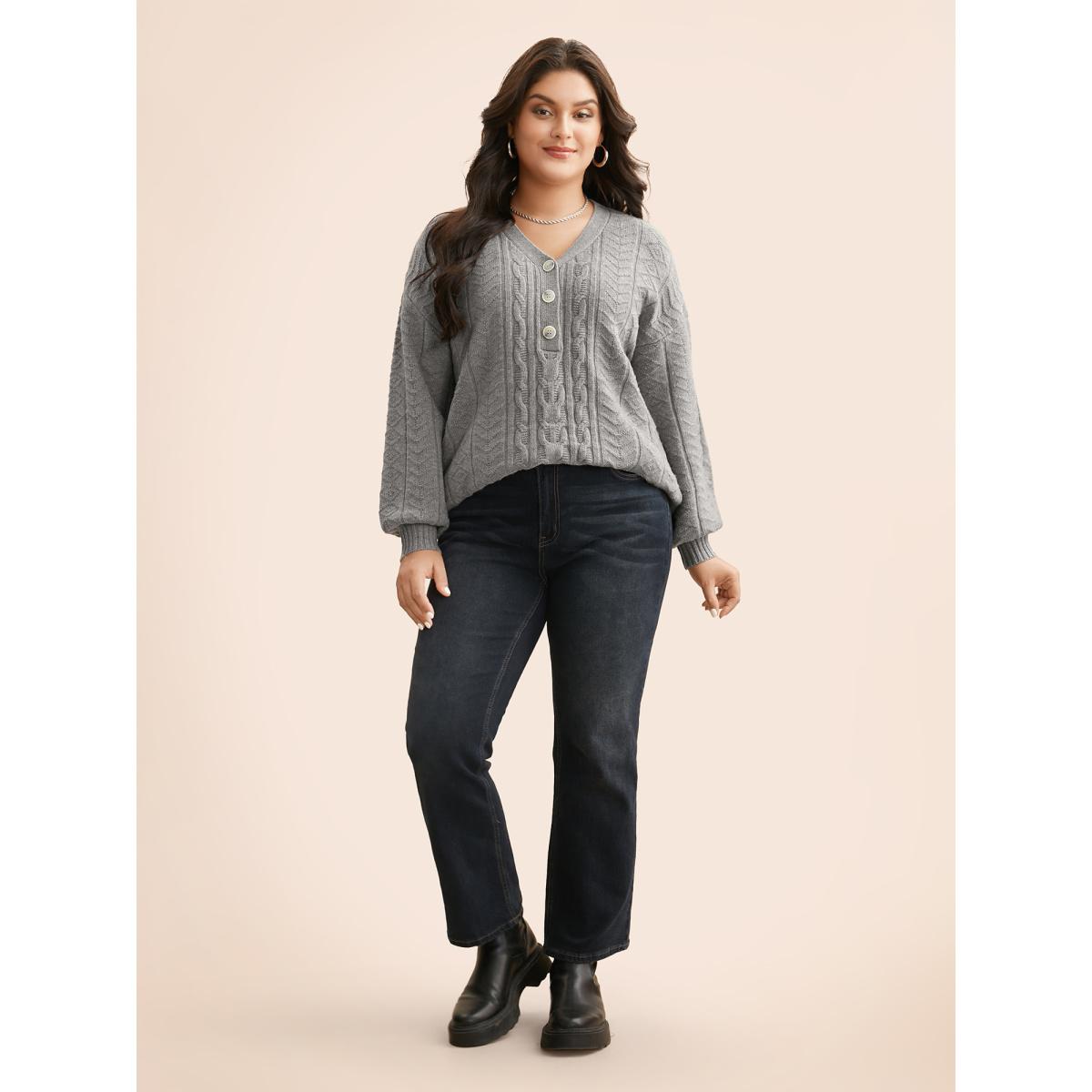 Plus Size Supersoft Essentials Cable Knit Button Up Pullover Mediumgray Women Leisure Loose Long Sleeve V-neck Casual Pullovers BloomChic 12/L Product Image