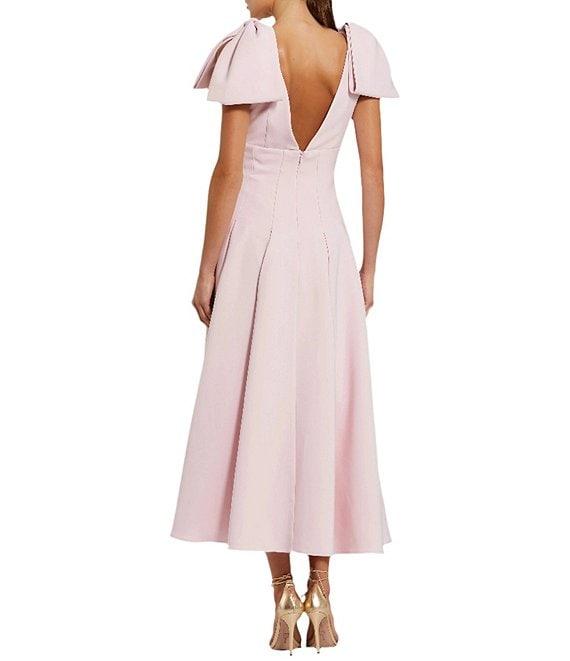Mac Duggal Double V-Neck Bow Shoulder Crepe Pleated A-Line Tea Length Dress Product Image