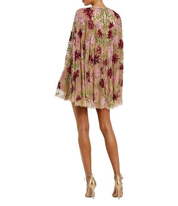 Mac Duggal Crew Neck Long Bell Sleeves Beaded Floral Mesh Shift Mini Dress Product Image