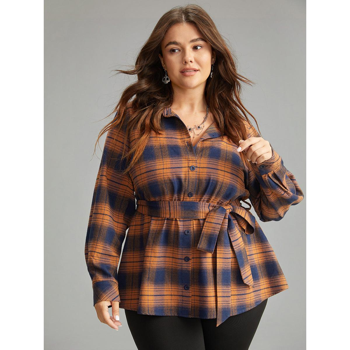 Plus Size Chocolate Plaid Elastic Waist Shirt Collar Blouse Women Elegant Long Sleeve Shirt collar Dailywear Blouses BloomChic 10/M Product Image