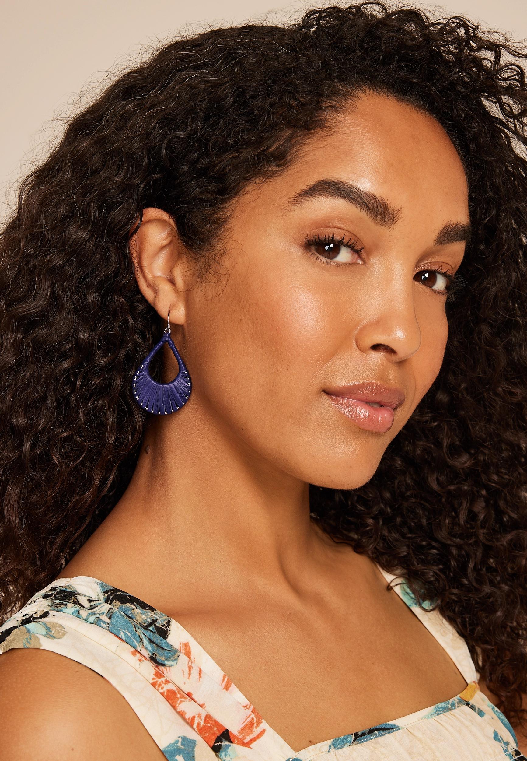 Blue Raffia Wrapped Teardrop Earrings Product Image