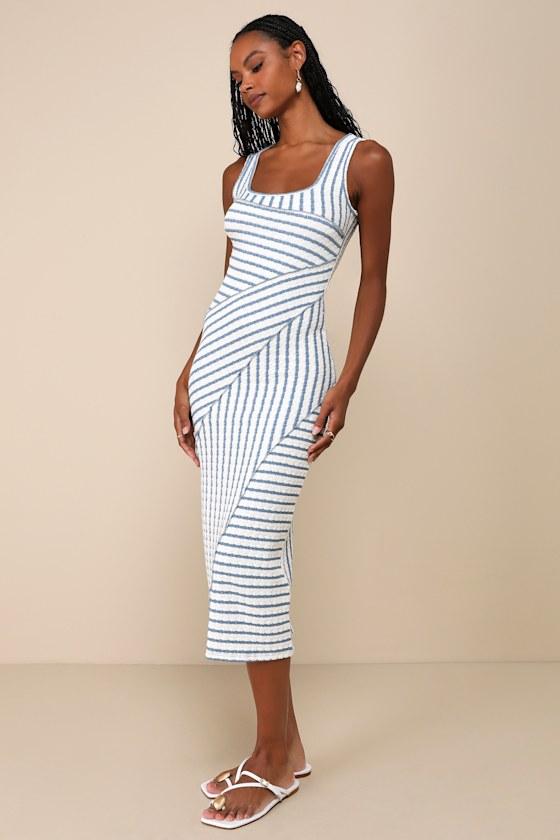 Constantly Trendy Blue Striped Crinkle Bodycon Midi Dress Product Image