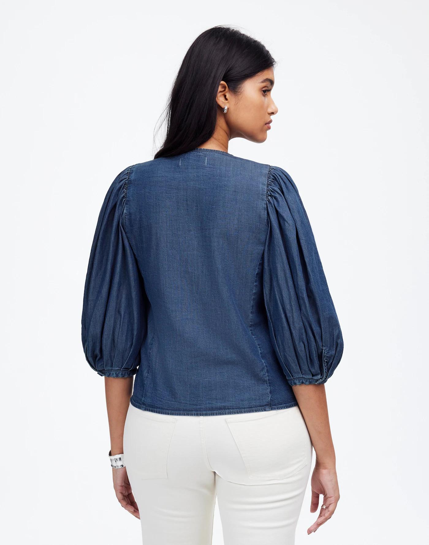 Denim Puff-Sleeve Button-Up Top Product Image
