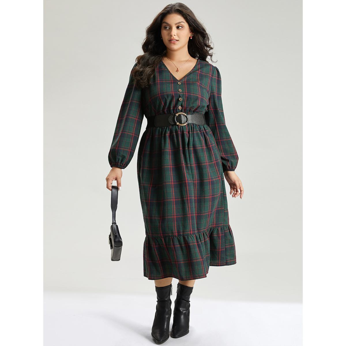Plus Size Plaid Shirred Button Detail Ruffle Hem Dress Multicolor Women Office Elastic cuffs V-neck Long Sleeve Curvy Midi Dress BloomChic 18-20/2X Product Image