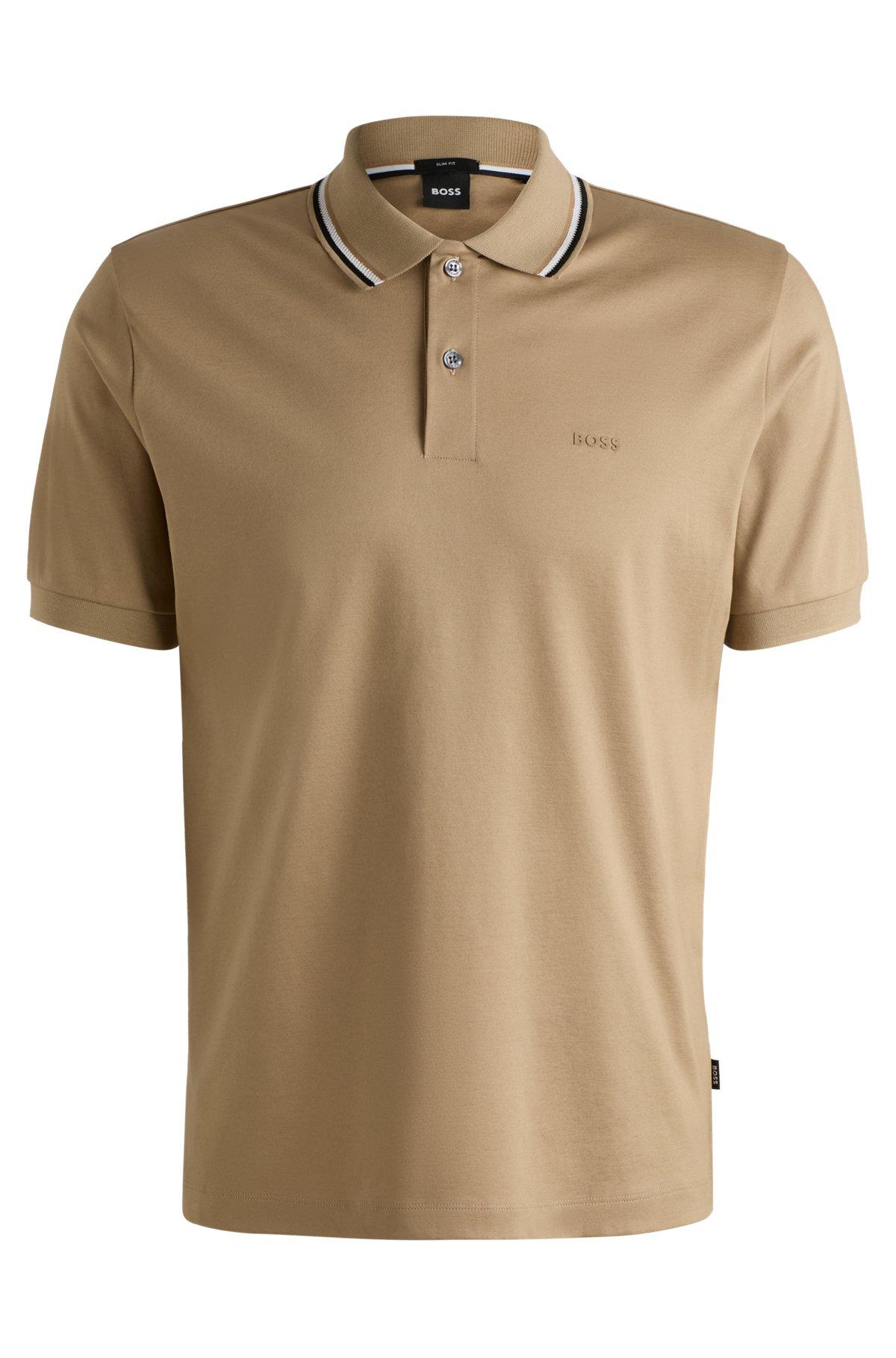 Slim-fit polo shirt in cotton with striped collar Product Image