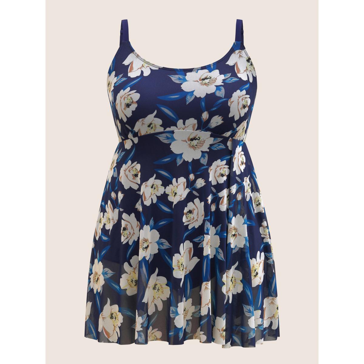 Plus Size Floral Adjustable Straps Split Hem Swim Dress Women's Swimwear Indigo Beach Bodycon U-neck High stretch Curve Swim Dresses BloomChic 22-24/3X Product Image
