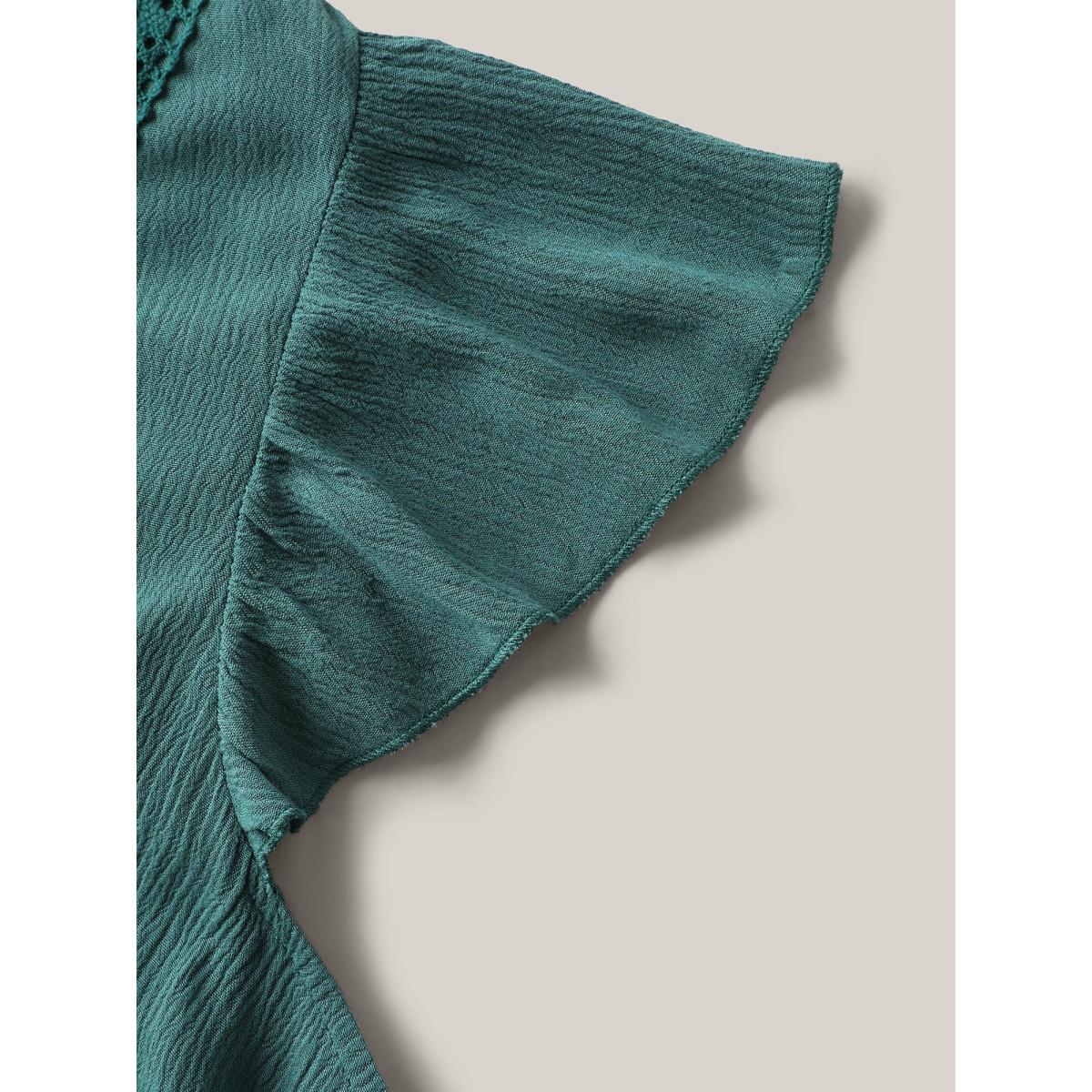 Plus Size Emerald Lace Trim Perfect-Fit Solid Blouse Women Cap Sleeve V-neck Elegant Blouses BloomChic 12/L Product Image