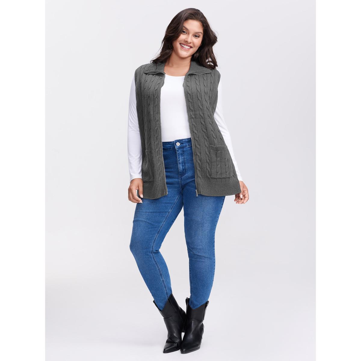 Plus Size Cable Zipper Sleeveless Knit Cardigan DimGray Women Leisure Loose Sleeveless Casual Cardigans BloomChic 30/6X Product Image