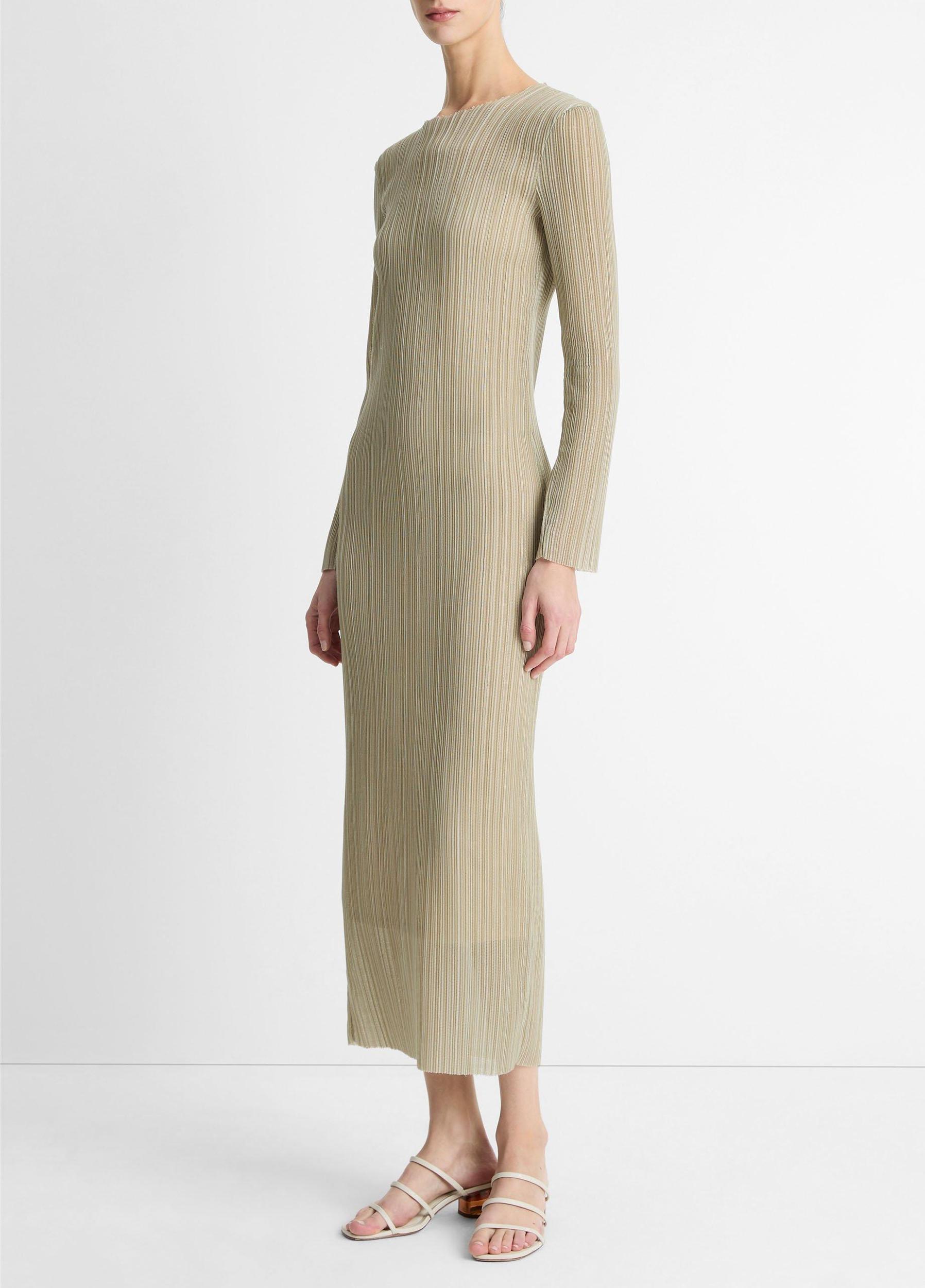 Pleated Long-Sleeve Crew Neck Dress Product Image