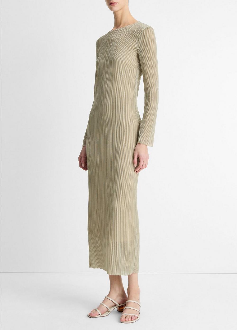 Pleated Long-Sleeve Crew Neck Dress Product Image