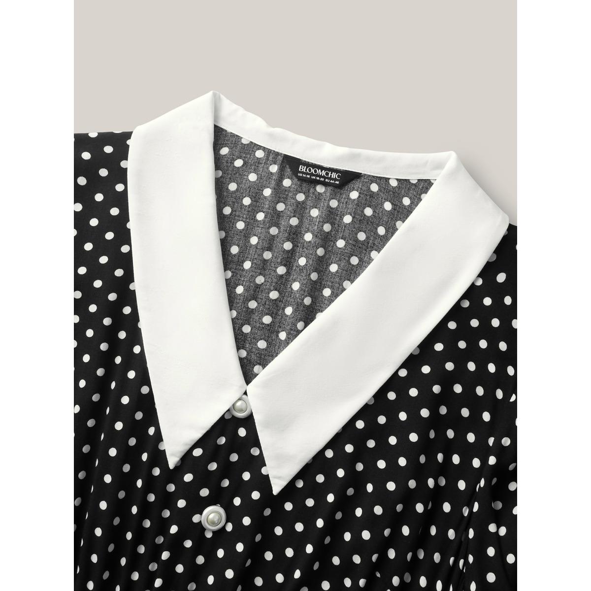 Plus Size Rayon Pretty Polka Dots Lapel Collar Dress BlackFlower Women Lapel Collar Short sleeve Curvy BloomChic 10/M Product Image